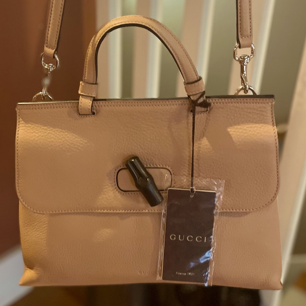 GUCCI Pebbled Calfskin Medium Bamboo Daily Satchel 2way Handbag Tan